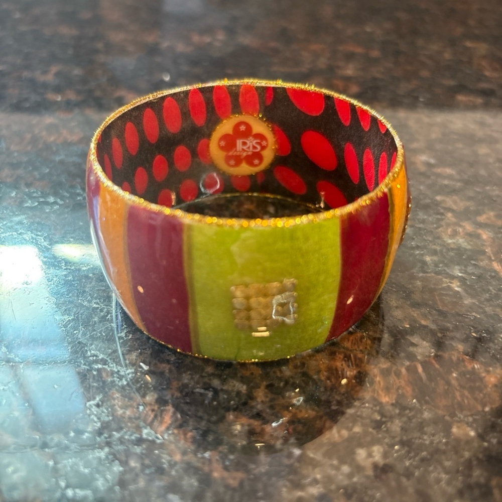 VINTAGE Israeli Artisan Iris Design Handmade Gold Multi Color Bangle Bracelet